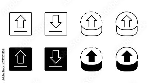 Monochromatic set of user interface upload and download vector icons, featuring various outline and filled styles with square and rounded shapes for web and app design.