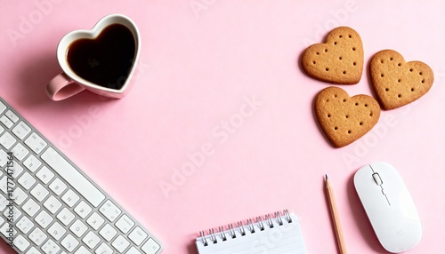 Pink flat lay workspace with heart-shaped coffee cup and cookies — romantic office desk setup with keyboard, mouse, and notepad on pastel background