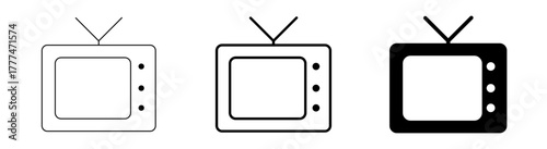 Set of three classic television vector icons, showcasing retro TV sets with antennas in outline, thick stroke, and filled variations, perfect for media, entertainment, and communication themes.