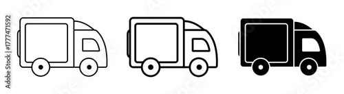 Set of three minimalist black and white delivery truck icons representing fast shipping and reliable logistics for online commerce, express cargo, and transport services