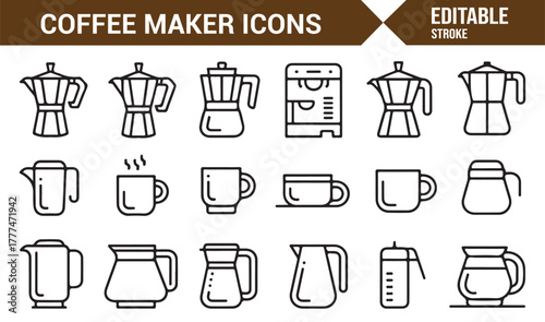 Modern outline icons of barista equipment, cups, and café brewing devices