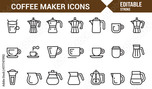 Editable vector icons of coffee makers, mugs, and espresso brewing tools in line art style