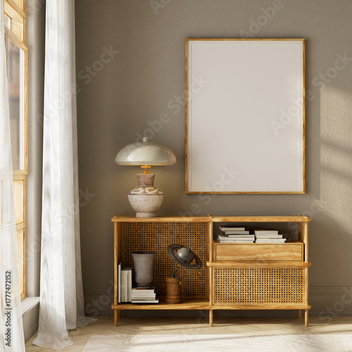 Neutral aesthetic living room interior with poster frame mock-up above rattan cabinet and soft daylight shadow composition. 3D illustration.