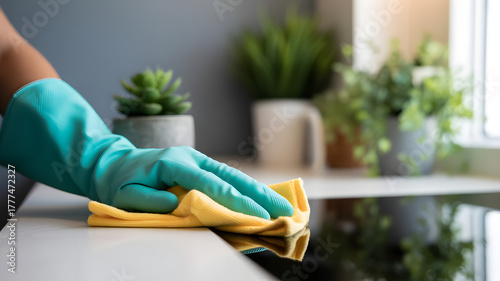 Sparkling Surfaces: A gloved hand diligently wipes a clean surface, reflecting a dedication to cleanliness and hygiene, with carefully placed plants in the background.