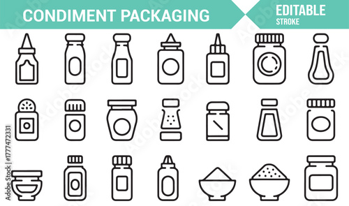 Outline icons of kitchen condiments, flavoring bottles, and food packaging elements