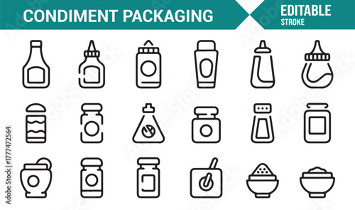 Line icons depicting ketchup, mustard, and seasoning packaging for food design themes