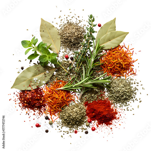 Fototapeta Naklejka Na Ścianę i Meble -  Vibrant assortment of aromatic herbs and spices including bay leaves, rosemary, thyme, chili flakes, paprika, and saffron threads for gourmet cooking inspiration.