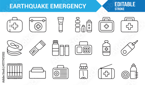 Vector illustration icons of disaster management, protection tools, and aid essentials