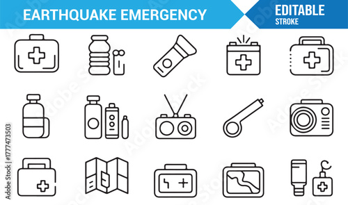 Editable vector icons of earthquake emergency supplies, survival gear, and disaster response tools
