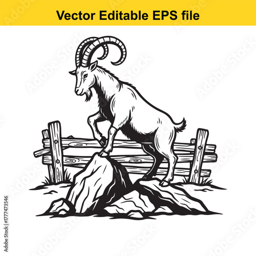 A majestic goat stands proudly on a rocky outcrop, with a rustic wooden fence in the background, captured in a detailed black and white illustration