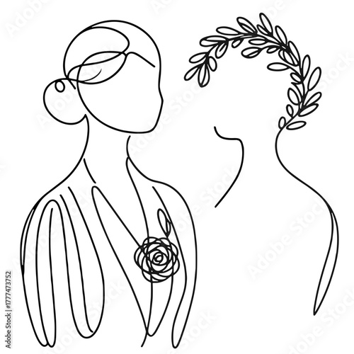 A contoured jacket with a wreath instead of a button Christmas & New Year Looks outline / minimal linear vector