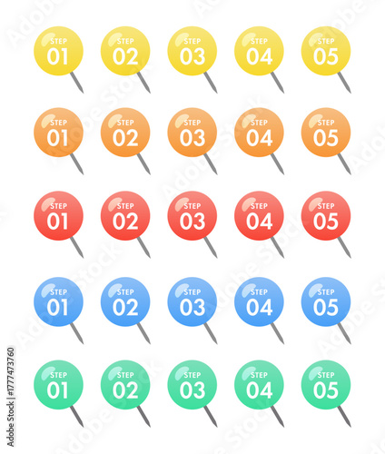 カラフルなピン型ステップ番号アイコンセット（STEP 01〜05／イエロー・オレンジ・レッド・ブルー・グリーンの5色展開／数字入りで工程・手順・流れを視覚的に示すビジネス・UI向けベクター） / Color Pin Step Number Icon Set