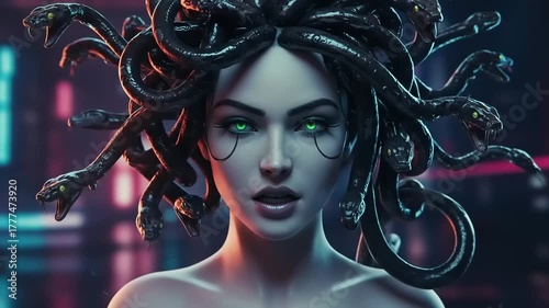 Captivating Medusa with Serpent Hair and Intense Gaze against Neon Cyberpunk Backdrop