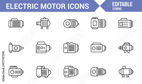 Outline icons of mechanical motor systems and engineering equipment in editable stroke format