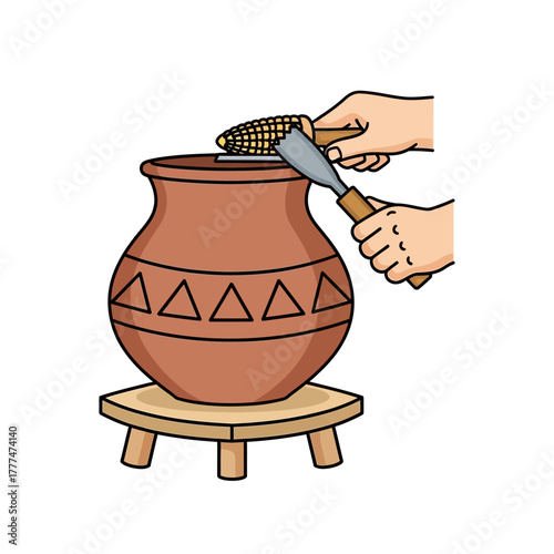 Person shucking corn into a clay pot on a wooden stool.