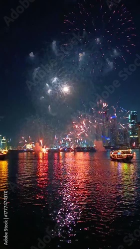 Fireworks display show seen from the water with Dubai skyline in the background at night