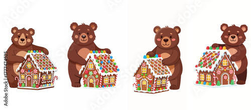 Cute brown bear with a gingerbread house in festive style, white background, isolated, vector, set