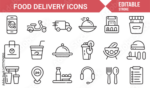 Minimalist editable vector icons showing meal transport, order tracking, and customer support