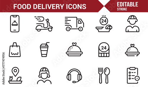 Thin line food courier and takeaway service icons in editable stroke style