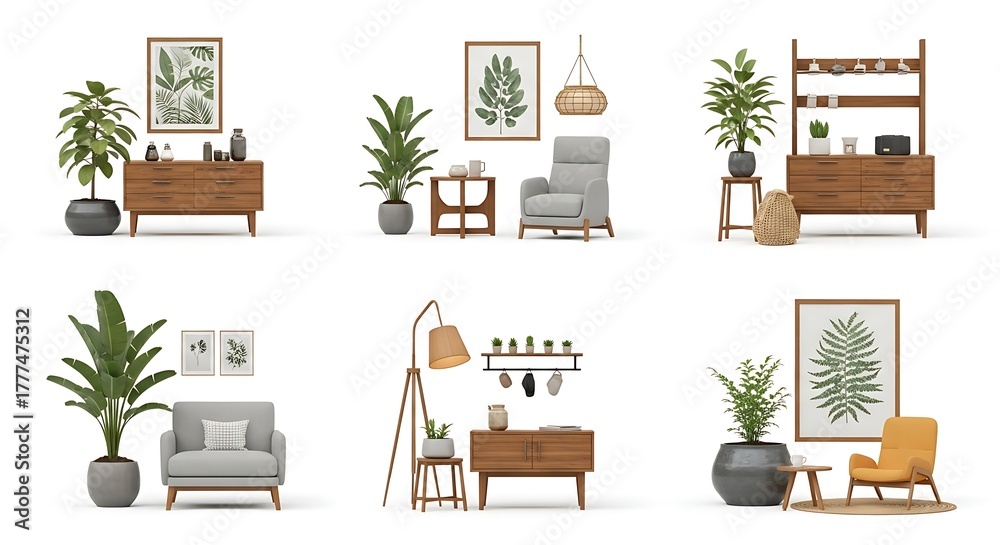 Fototapeta premium Interior design scenes featuring furniture and decorative plants