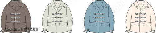 Collection of fashionable duffel coat illustrations showcasing various colors and designs for style