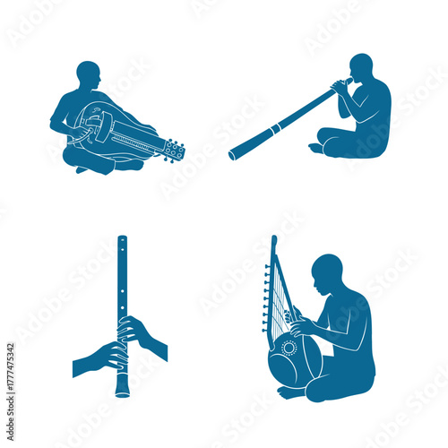 Silhouettes of people playing various musical instruments from around the world.