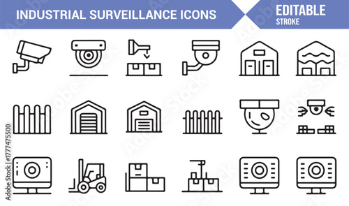 Outline style icons of warehouse cameras and safety technology for industrial environments