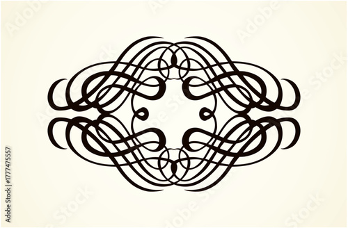 Old cute romantic book ribbon bow swirly tag swoosh element isolated on white paper card backdrop. Freehand black ink pen outline drawn curly corner sketchy in artistic rustic curlicue scrawl style