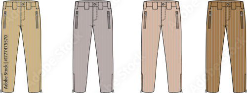 Set of four pairs of casual pants in different neutral colors beige, gray, tan, and brown