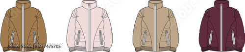 Illustrated collection of casual zip-up jackets featuring diverse color palette including brown, pink, beige, and burgundy, ideal for fashion design concepts and apparel mockups