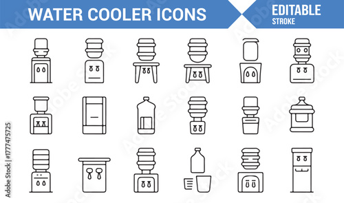 Thin line vector icons depicting hydration systems, coolers, and containers