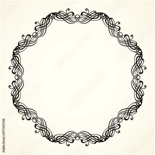 Old cute romantic book ribbon bow swirly tag swoosh element isolated on white paper card backdrop. Freehand black ink pen outline drawn curly corner sketchy in artistic rustic curlicue scrawl style