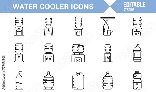 Office water dispenser icons collection in linear graphic design style