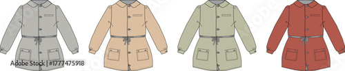 Technical flat fashion sketch template of a women's hooded parka jacket with a belt, shown in four different colorways. Vector illustration for apparel design and clothing manufacturing