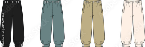 Four different styles of casual trousers displayed in various colors, presented for fashion design and apparel creation
