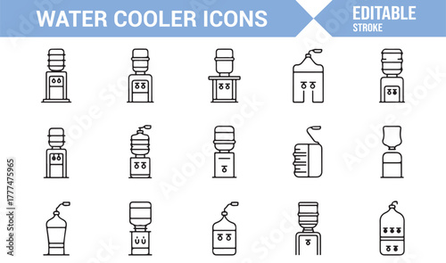 Editable vector outline icons of purified water bottles and hydration machines