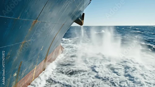 Large vessel bow moving through deep blue ocean waves under clear sky