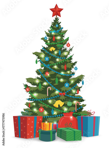 Christmas tree with decorations and gift boxes. Holiday background. Merry Christmas and Happy New Year. Vector illustration