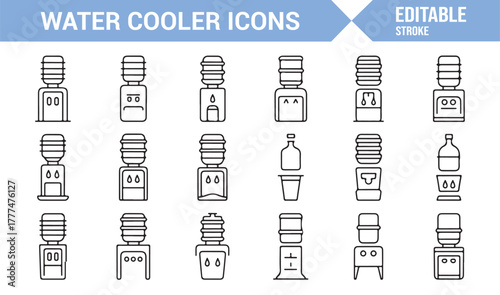 Minimalist editable stroke icons of plastic water bottles and dispensers in office setting