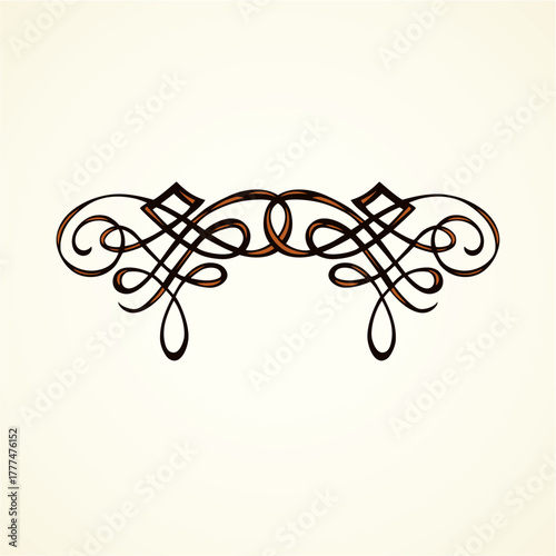 Old cute romantic book ribbon bow swirly tag swoosh element isolated on white paper card backdrop. Freehand black ink pen outline drawn curly corner sketchy in artistic rustic curlicue scrawl style