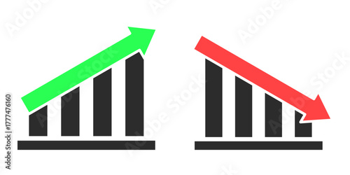 Business chart icons showing growth and decline, red downward arrow and green upward arrow, financial trend and performance comparison, isolated on white background
