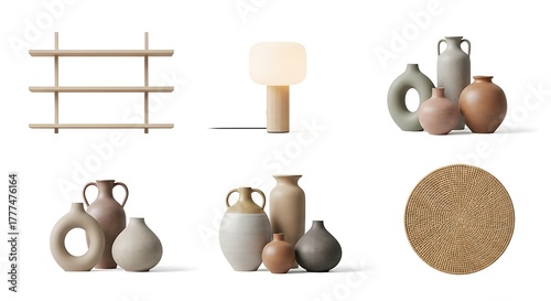 Minimalist home decor objects shelves vases and lamp isolated