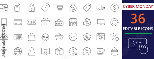Clean and modern Cyber Monday icon set featuring shopping, discount, and ecommerce elements. Perfect for online marketing, web banners, and digital sales promotions.