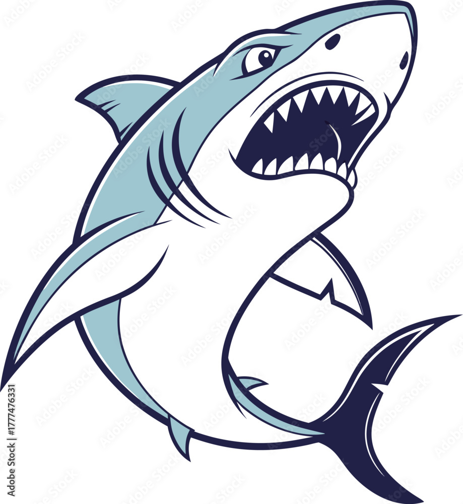 Fototapeta premium A stylized cartoon illustration of a shark dominates the image. The shark is depicted with a dynamic pose, mouth wide open, displaying rows of sharp white teeth, conveying an aggressive stance. Its bo