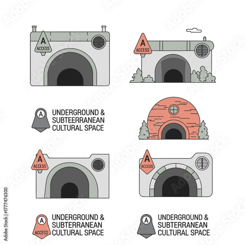 Vector set of underground and subterranean tunnel entrance illustrations and logos.