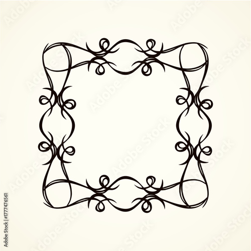 Old cute romantic book ribbon bow swirly tag swoosh element isolated on white paper card backdrop. Freehand black ink pen outline drawn curly corner sketchy in artistic rustic curlicue scrawl style