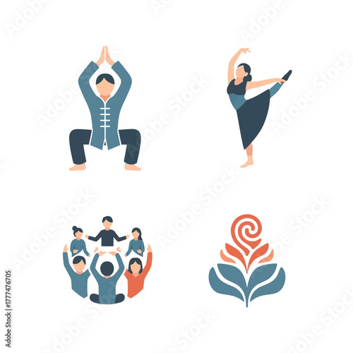 Yoga and meditation poses for health and wellness, fitness and balance.