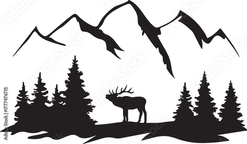 Vector deer in the wilderness. Vector illustration of wilderness, deer silhouette, forest, mountains, white tail deer and doe silhouette.

