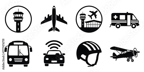 Monochrome vector icons illustrating air travel land transport emergency vehicles and safety gear