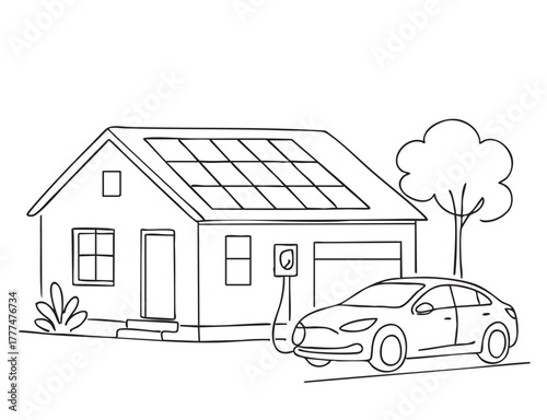 line sketch set objects elements one-story black American house with solar panels, electro car